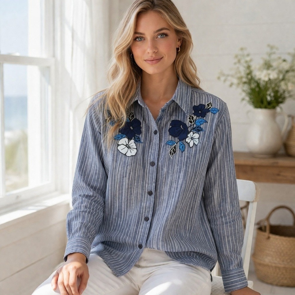 Vtg Unique Spectrum XL Blue White Striped Floral Embroidered Blouse Shirt Boho
